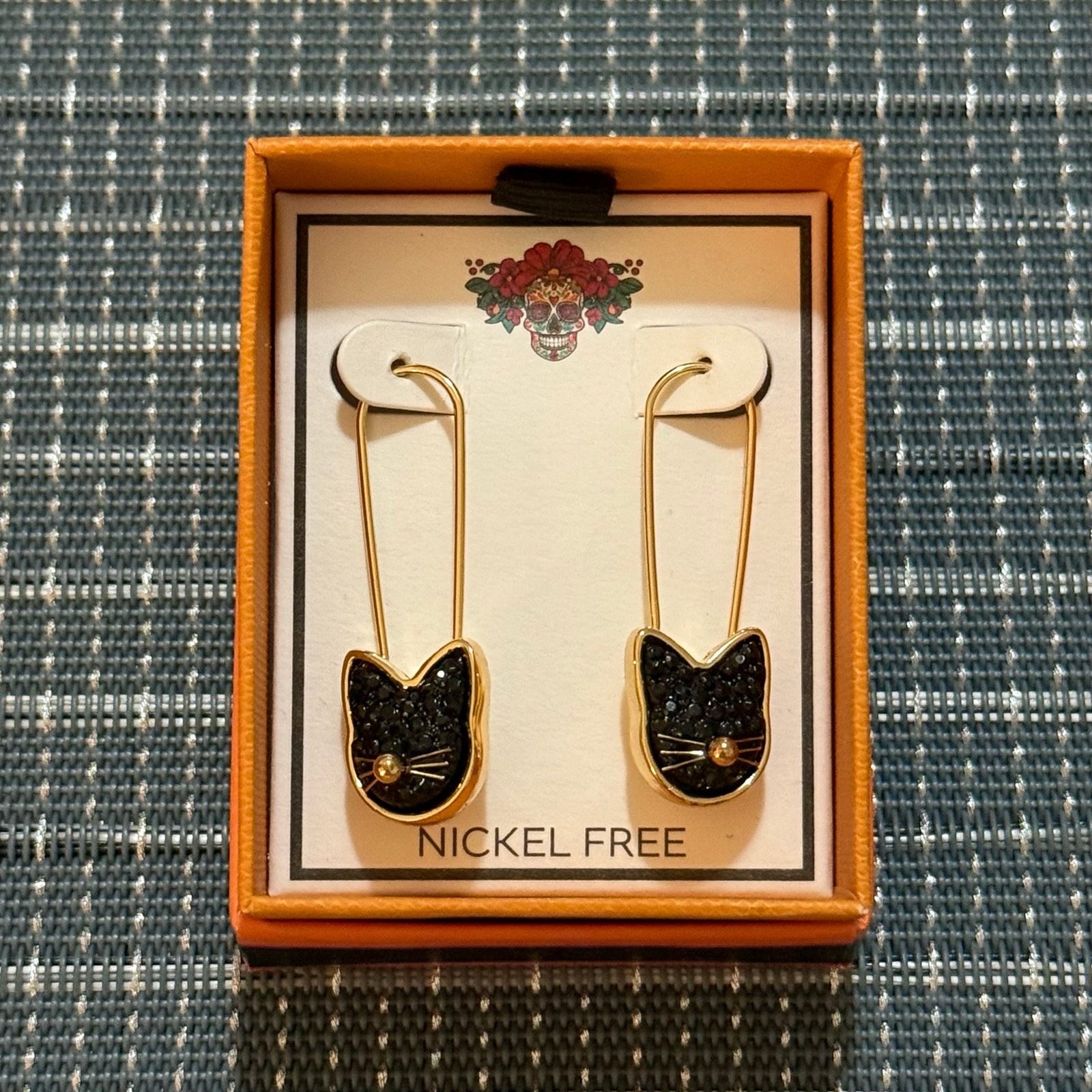 New | True To Form | Black Cat Safety Pin Dangle Earrings